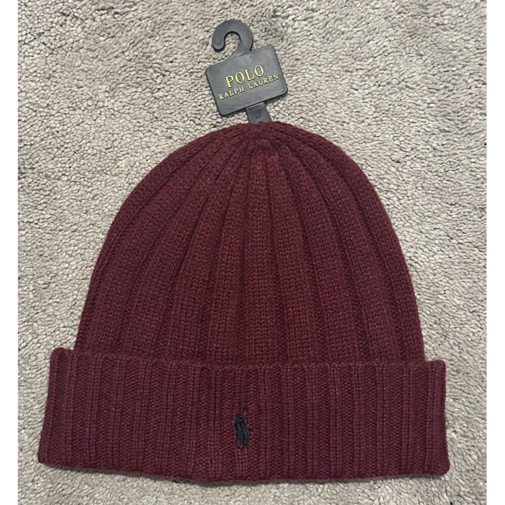 Polo Ralph Lauren Ribbed Cuff Beanie One Size Maroon Wool Blend Pony Logo Preppy